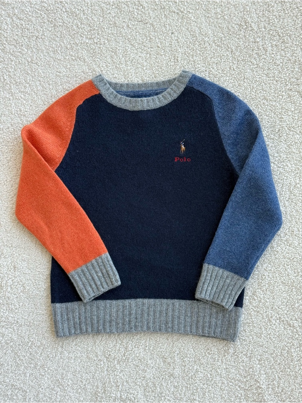 Polo by Ralph Lauren Navy Crewneck Sweater with Orange & Blue Sleeves